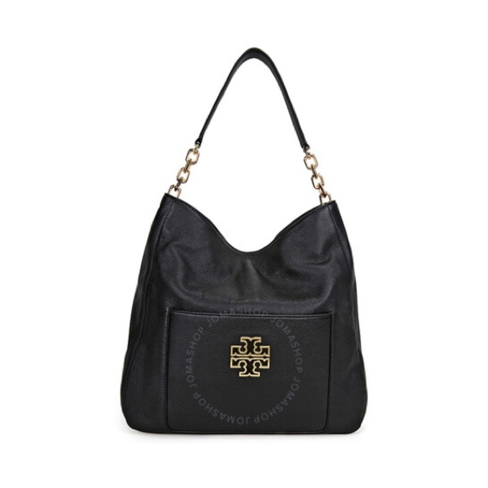 Tory Burch Britten Black Leather Handbag with gold logo.